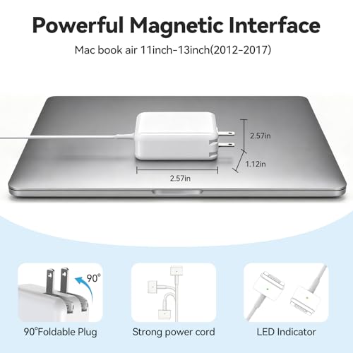 45W MacBook Air Charger - Magnetic Type, Mag2 T Interface - Compatible with 11-inch and 13-inch MacBook Air Models from 2012 to 2017. Laptop Power Adapter