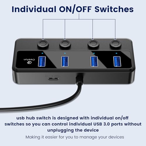 Qeefun 4-Port USB 3.0 Hub, Individual LED Power Switches, 5Gbps Data Transfer USB Splitter with 2ft Extension Cable, Multiple USB Extender for Laptop, PC, iMac, USB Flash Drives and More - style: A to 4A(60cm)