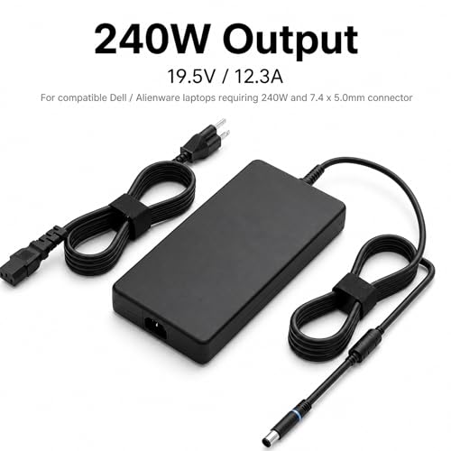 240W Laptop Charger for Dell Alienware, 7.4mm Round Tip, 19.5V 12.3A