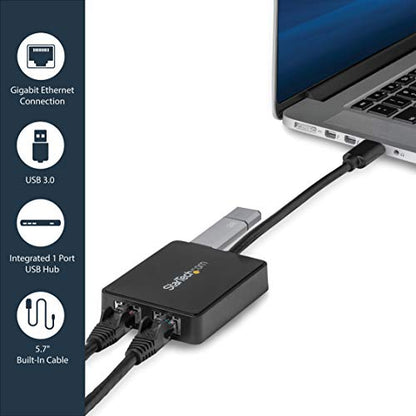 StarTech USB 3.0 Dual Gigabit Ethernet Adapter, w/USB Port (USB32000SPT) | 10/100/1000Mbps, USB Gigabit LAN Network NIC Adapter, With USB Port - color: Black, style: Black