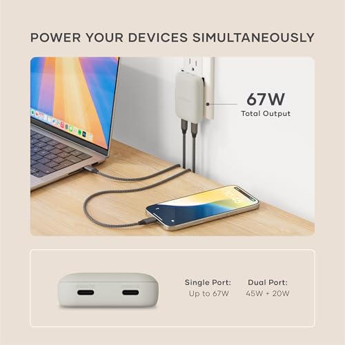 Satechi OntheGo 67W Wall Charger, GaN USB-C Fast Charging, PD 3.0+PPS, Sand | PD 3.0+PPS, dual-port power split (45W+20W), for MacBook, iPad, iPhone, Galaxy, Pixel, Steam Deck - color: Sand