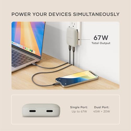 Satechi OntheGo 67W Wall Charger, GaN USB-C Fast Charging, PD 3.0+PPS, Sand | PD 3.0+PPS, dual-port power split (45W+20W), for MacBook, iPad, iPhone, Galaxy, Pixel, Steam Deck - color: Sand