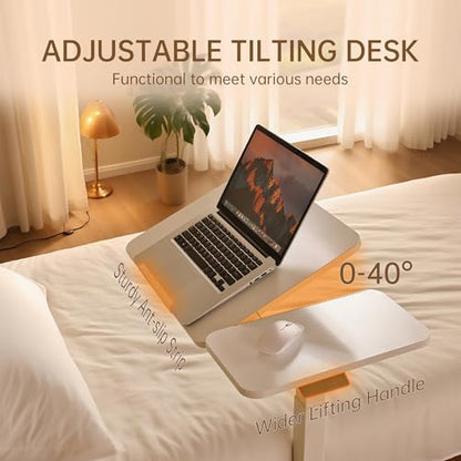 Adjustable Tilt Overbed Table with Hidden Wheels, Mobile Standing Laptop Desk, Portable Pneumatic Computer Cart, Rolling Medical Bed Side Table for Hospital and Home Use, White