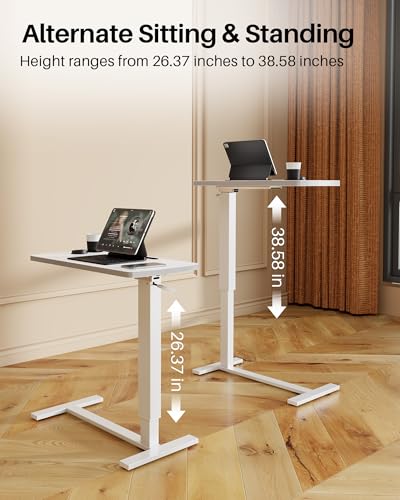 Foldable Overbed Table with Wheels, Pneumatic Adjustable Overbed Bedside Table, Mobile Standing Desk, Hospital Bed Tables Over The Bed, Rolling Laptop Desk with Casters for Home Office - color: White