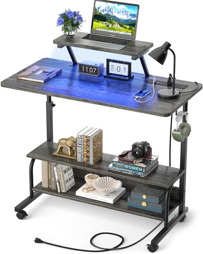 Height Adjustable Standing Desk with Power Outlets and LED Lights - 32" Manual Stand Up Desk with Monitor Stand and Storage Shelves Small Mobile Rolling Computer Desk Portable Laptop Table, Grey Oak - color: Grey Oak, size: 32''