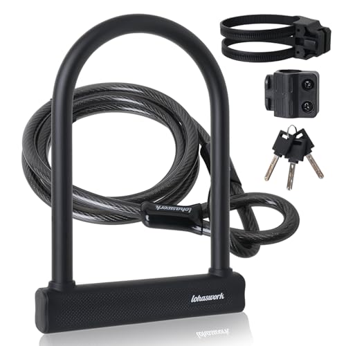 Bike Lock, Heavy Duty Anti Theft Bicycle Lock, U Lock with 6Ft Steel Cable, Locks with 3 Key & Mounting Bracket for Electric Bike Scooter Motorcycle Door Gate