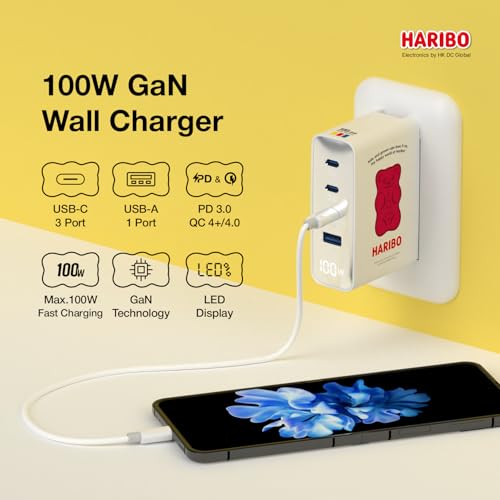 Haribo 100W GaN Wall Charger, 4-Port USB-C & USB-A Fast Charging, PD 3.0 & QC 4+ / 4.0, Compatible with iPhone, Galaxy, Pixel, iPad, Tablets, Nintendo Switch, AirPods