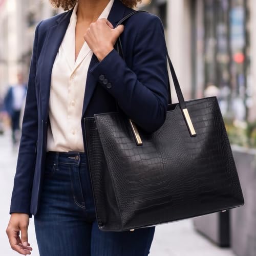 15.6" Laptop Work Tote Bag for Women Shoulder Handbag Large, Black | 2 water bottle pocket. Lightweight 2.2 Lbs. Capacity 20L. Vegan Leather. Waterproof. L17” x H12” x W5.5”. Handle Drop 11".