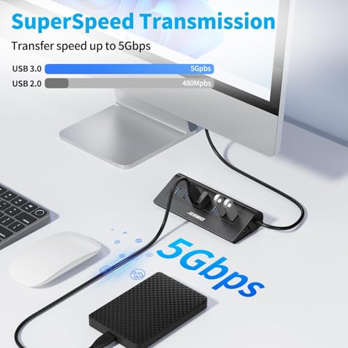 USB Hub 3.0, JESWO Aluminum 7 Port USB 3.0 Hub with 3.3Ft Cable, USB Splitter with 7-USB3.0 Data Ports Compatible with MacBook, Laptop,Surface Pro, PS5, PC and More (No Power Adapter Included) - color: Black