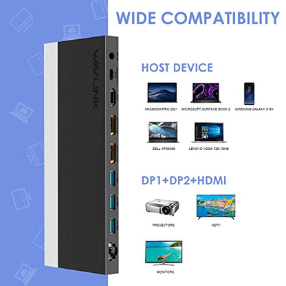 WAVLINK USB C Docking Station,100W PD Charging,Triple 4K Display Type-C Adapter(HDMI,2 DisplayPort,Ethernet,4 USB 3.0,SD/TF Card Reader,3.5mm Audio) for MacBook Pro,Dell XPS 13/15,HP,Lenovo Yoga