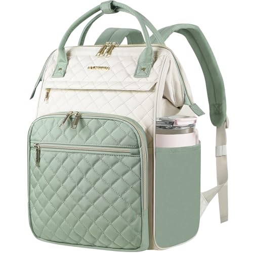 EMPSIGN 17 Inch Laptop Backpack for Women, Beige-Light Green | Computer Bag, Work Business Travel College, Large Capacity, Water-repellent, Quilted Casual Daypack - color: Beige/Light Green, size: 17 inch