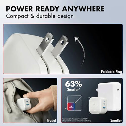 48W GaN Charger, Wozoyo Type-C & USB-A Superfast 2.0 Charging, Compatible for iPhone 17/16/16 Pro Max/15 Series/iPad Pro, Smartphones, Tablets and More, PD/PPS/QC 3.0,Compact Foldable Plug,