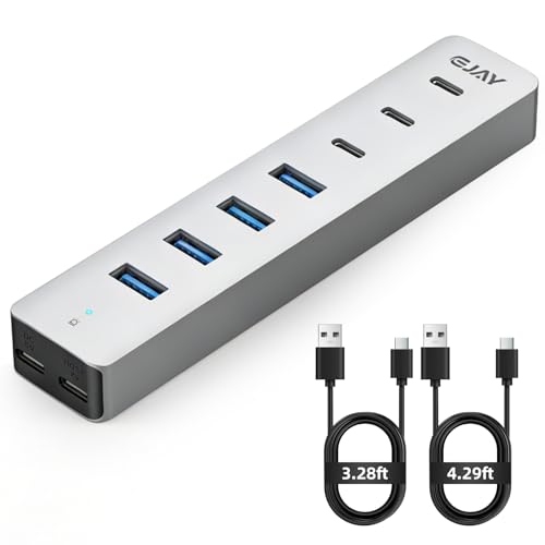 EJAY 4 Port USB3.0 and USB-C HUB for PC,Laptop,MacBook Pro etc | 7-Port USB3.0 Splitter & USB Extender, Aluminum,5Gbps,Detachable Dual Cables (4.28ft Long)