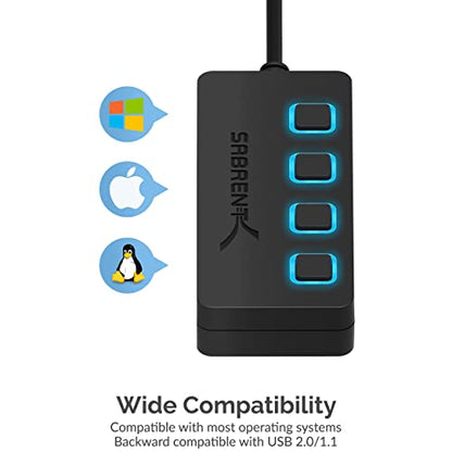 SABRENT 4 Port USB 2.0 Data Hub with Individual LED lit Power Switches [Charging NOT Supported] for Mac & PC (HB-UMLS) (Pack of 2) - size: USB-A 4-Port (Pack of 2)