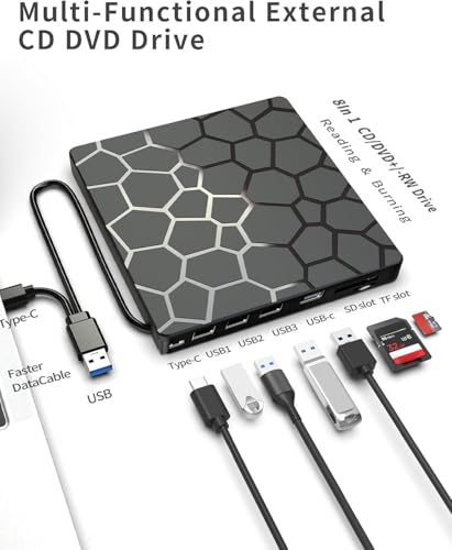 External CD DVD Drive,8 in 1 USB 3.0 and Type-C Disc Reader Writer Burner Player,Slim and Portable CD DVD +/-RW Optical Drive for PC Laptop Desktop MacBook Mac Windows Linux OS Apple - style: 8 in 1