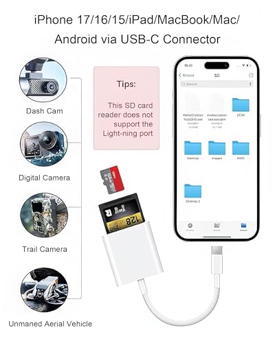 SD Card Reader for iPhone Digital Camera Adapter to iPhone USB C | iPhone 15/16/17 Series Dual Slot USB 3.0 Memory Card Reader Portable SD Micro SD/TF Card Adapter iPad Pro MacBook Android