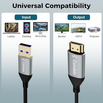 USB to HDMI Adapter Cable 4 FT, Unidirectional USB-A 3.0 to HDMI HD Audio Video, Real 2K/1080P@60Hz, for TV, Projector, Monitor, ONLY Support Windows 11/10/8/8.1/7, Mac OS, Need to Install Driver - size: 4 FT