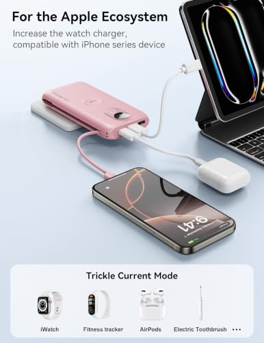 Portable Charger 10000mAh 20W, Wall Plug, 2 Cables, iWatch Charging | Digital Display, Compact Lightweight, USB C Fast Charge, USB-A 18W, Multi Protection, Travel Essential, for iPhone 17 16, Pad - color: Bloom Pink