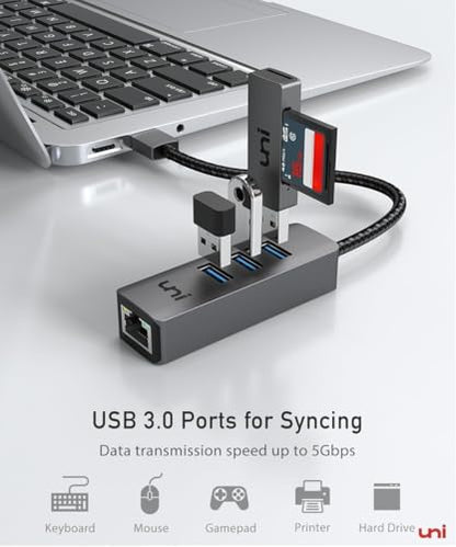 uni USB to Ethernet Adapter, USB 3.0 Hub with 100/1000 Mbps RJ45 Ethernet | Driver Free,Sturdy Aluminum 4-in-1, USB-A to LAN Network Adapter, 1Gbps, Compatible with iMac, PC, Chromebook Laptops
