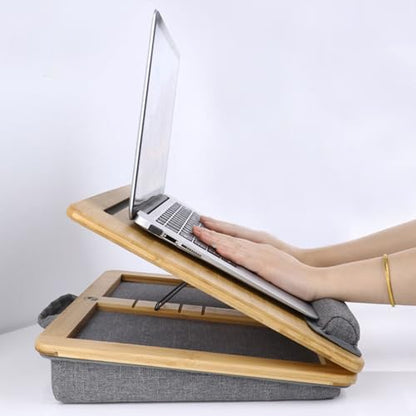 SUMISKY Adjustable Lap Desk-Portable Laptop Stand with Cushion, Bamboo Platform with Phone Holder, Wrist Pad Fits up to 15.6 Inch Laptops - size: M(16.5"x13.4" Height-Adjustable)
