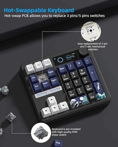 Womier SK30 Mechanical Numpad, Mini Keyboard with Screen & Knob,Black | Bluetooth/2.4G/USB-C Wireless Numeric Keypad,Macro Software RGB Number Pad Hotswap,Rechargeable Number keypad for Mac Windows - color: Black