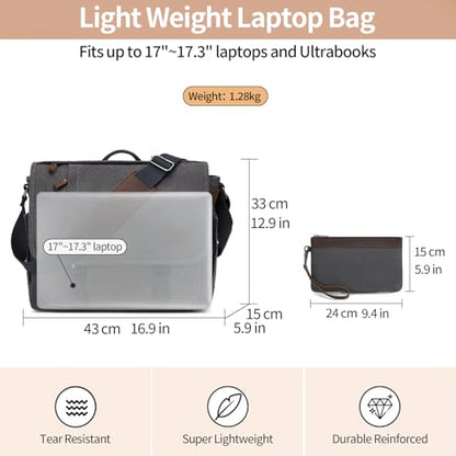 Nerlion Messenger Bag for Men 17-17.3 Inch Laptop Bag Canvas Water-resistant Computer Bag Shoulder Bag Work Briefcase Bookbag for College (Gray) - color: Coffee