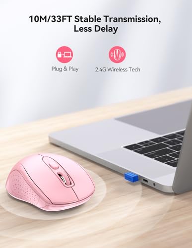 TECKNET Wireless Mouse for Laptop,4800 DPI,Silent Mouse with 6 Buttons Pink | 4800 DPI wireless mouse with silent clicks, 6 buttons, long battery life and USB receiver for laptop, Mac, Chromebook and PC - color: Bright Pink