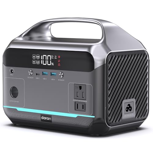 DARAN Portable Power Station 600W (1200W Peak), 288Wh Solar Generator LiFePO4 Battery with AC DC Outlets, 2hrs Fast Charging, 7-Port Design for Emergency, Hurricane (Solar Optional)