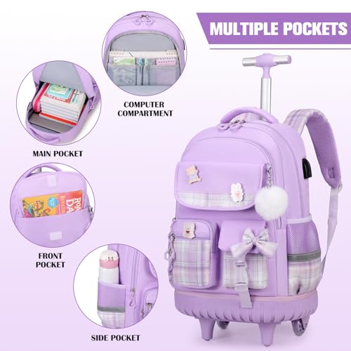 ACESAK Rolling Backpack for Girls - Roller Wheels School bag with Lunch Bag & Pencil Pouch for Teen Girls Kids Wheeled Suitcase Backpacks, Elementary Middle School Travel Daypack (Purple) - color: Purple