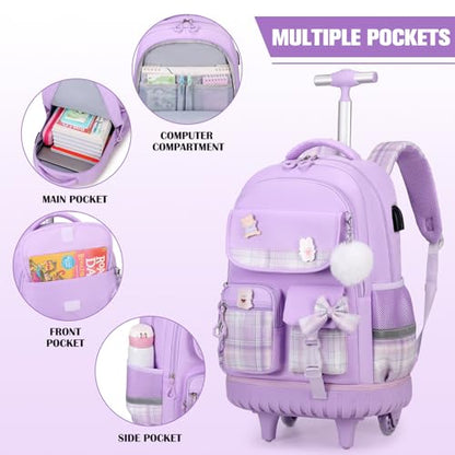 ACESAK Rolling Backpack for Girls - Roller Wheels School bag with Lunch Bag & Pencil Pouch for Teen Girls Kids Wheeled Suitcase Backpacks, Elementary Middle School Travel Daypack (Purple) - color: Purple