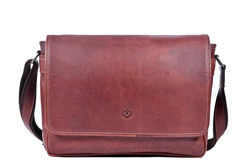 16" Crossbody Bag Leather Laptop Messenger Bag For Men with trolley sleeve for school office (Dark Brown) - color: Dark Brown