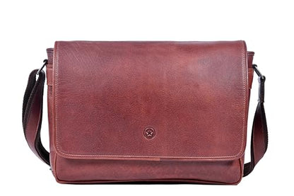 16" Crossbody Bag Leather Laptop Messenger Bag For Men with trolley sleeve for school office (Dark Brown) - color: Dark Brown