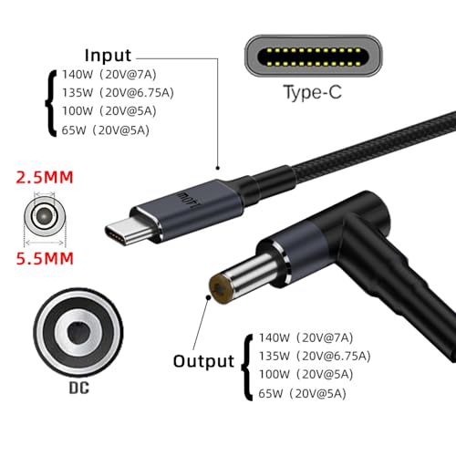 Type C USB-C Input to 20V DC 5.5 * 2.5mm Output Power 100W 135W 140W 65W PD Charge Cable for Laptop - style: 140W DC5.5X2.5MM