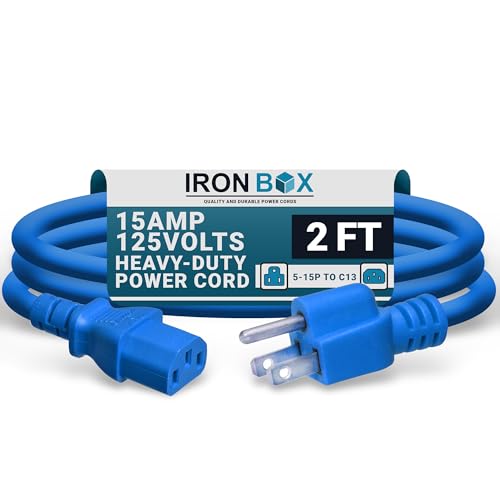 IronBox Electric - Heavy-Duty 5-15P to C13 Power Cord - 3 Prong 15A 125V 14/3 SJT PC Cable - Cord for Computer, Monitor, Subwoofer, Amplifier - Cable for Power Supply - (Blue 2 Foot) - color: Blue, size: 2 ft
