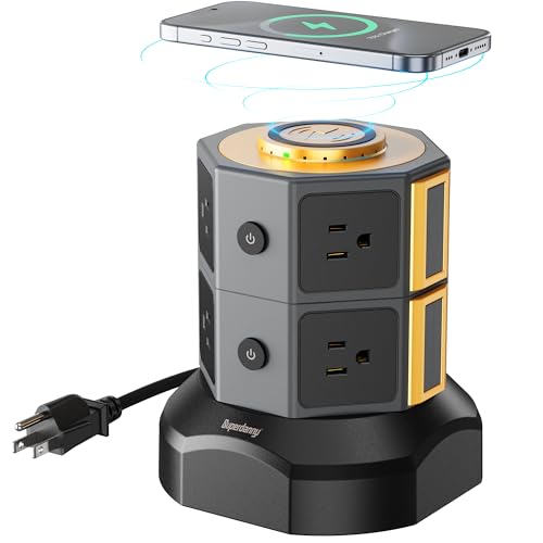SUPERDANNY Power Strip Tower with 15W Wireless Charger, 6.5Ft Retractable Extension Cord, 1050J Surge Protector, Desktop Charging Station with 8 Outlets 4 USB Ports(2 USB C) for Home, Office, Garage - color: Gold, size: 8AC+2USB-A+2USB-C | 6.5 ft | 15 W W