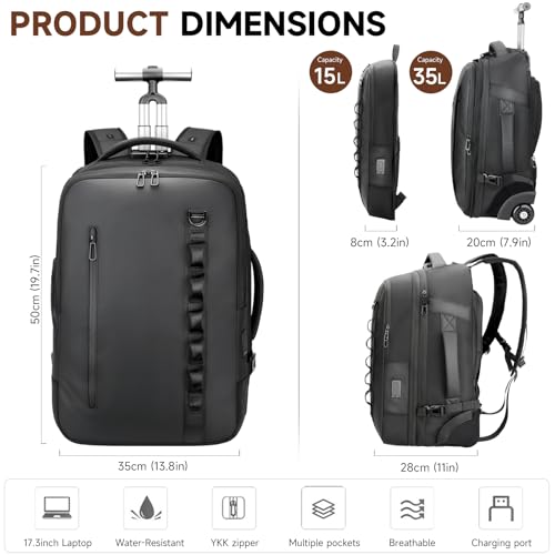 2-in-1 Detachable Carry On Rolling Backpack - Splits into Two Bags for Travel, 50L Wheeled Backpack with 17.3″ Padded Laptop Sleeve, USB Charging Ports, Waterproof Luggage Suitcase