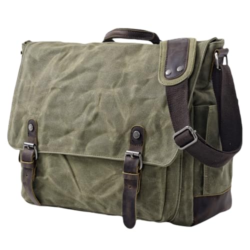 [Upgraded] Vintage Messenger Bag, 15.6 Inch Laptop Crossbody Shoulder Bags, Heavy Water-resistant Canvas Satchel for Men - color: Army Green