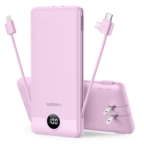 VEGER Portable Charger with Built-in AC Plug and Cables, All in One 10000mAh Ultra Slim Power Bank Travel Essentials, USB C External Battery Pack Compatible with iPhone, Samsung, More, Purple - color: E Purple