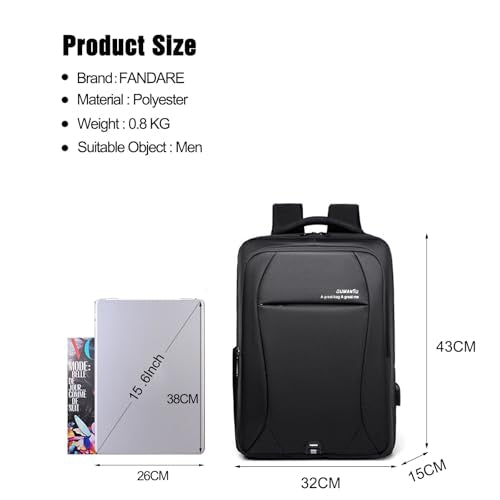 FANDARE 15.6 Inch Laptop Backpack for Men Women Business Travel Backpack with USB Charging Port & Luggage Strap Large Waterproof Polyester Carry On Backpack Black - color: Black