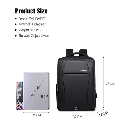 FANDARE 15.6 Inch Laptop Backpack for Men Women Business Travel Backpack with USB Charging Port & Luggage Strap Large Waterproof Polyester Carry On Backpack Black - color: Black