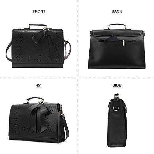 ECOSUSI Women's Briefcase Vegan Leather Laptop Bag for Work Shoulder Computer Satchel Bag with Detachable Bow - color: L-black