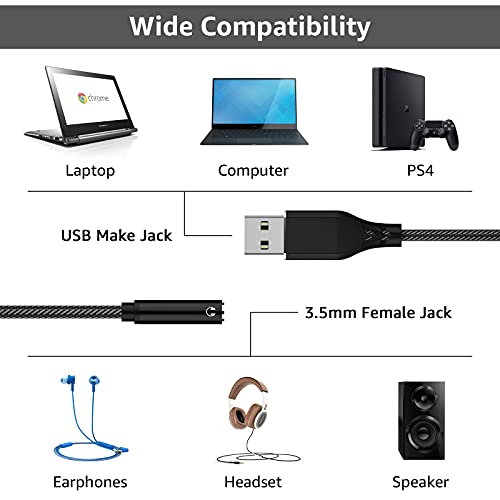 APETOO USB to 3.5mm Audio Adapter, External Stereo Sound Card for PC Laptop | USB A to Aux Jack Dongle Cable Cord for Headphones & Headset, Compatible with MacOS, Windows, Linux, Desktop, Gaming Consoles