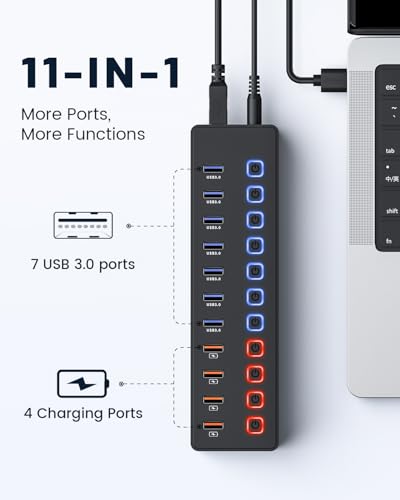 Powered USB Hub 11 Port USB 3.0 Splitter with 7 Data Ports + 4 Smart Charging Ports, Individual On/Off Switches & LED Indicators, Includes 36W Power Adapter for Mac PC Laptop