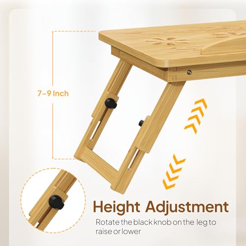Bamboo Laptop Desk for Bed, Height & Angle Adjustable Foldable Lap Desk with Drawer & Cup Holder, Portable Bed Desk Table for Working, Reading, Writing or Breakfast on Sofa, Couch or Floor