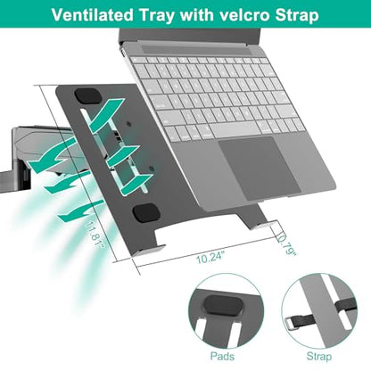 UPGRAVITY Laptop Wall Mount, 2-in-1 Gas Spring Wall Holder with Vented Tray for 12"-17" Notebook/13-32 Computer Screen, Full Motion Adjustable Wall Mount Laptop Stand Holds 3.3-17.6lbs