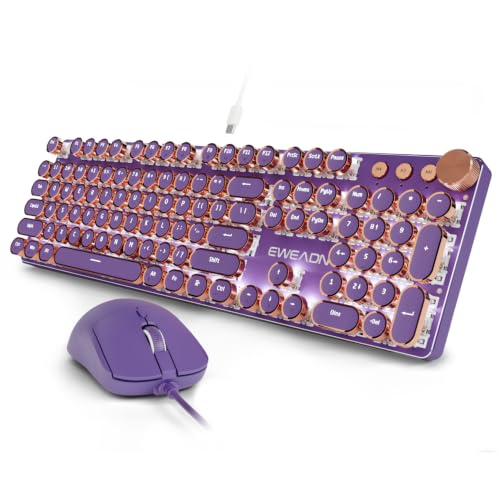 SEUNKWANG Wired Typewriter Keyboard and Mouse Combo, Retro Mechanical Keyboard with Multimedia Knob, White Backlit, Metal Panel, Low Noise Pink Switch Keyboard Mouse Set for PC Laptop - Purple - color: Purple