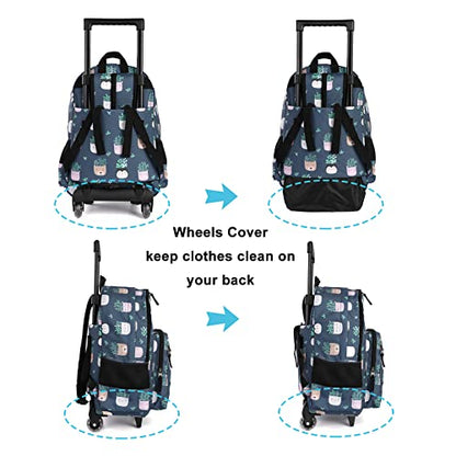 Tilami Rolling Backpack 18 inch Double Handle with Lunch Bag Wheeled Kids Backpack for Girls and Boys, Plants Blue - color: Plants Blue