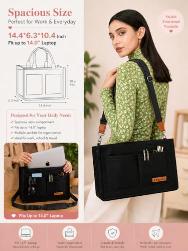 Canvas Tote Bag for Women Lightweight Handbag with Multi Pockets & Adjustable Strap Bible Bag for Daily Use Work - color: Black