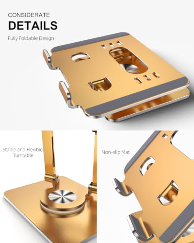 Orlian Tablet Stand Holder with Thickened 360°Rotating Base Dual Rod Adjustable Aluminum Stand for All 5.8-12.9” iPad Samsung Phone Tablet Kindle E-Reader and More, Gold - color: Gold