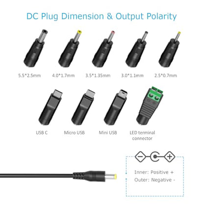 Belker 5V 2A 1.5A 1A USB C AC DC Adapter 10W Power Supply with 9 Tips | 5V Wall Charger Power Cord for Household Electronics TV Box Router Mini Fan LED Strip Speaker - size: 5V 2A